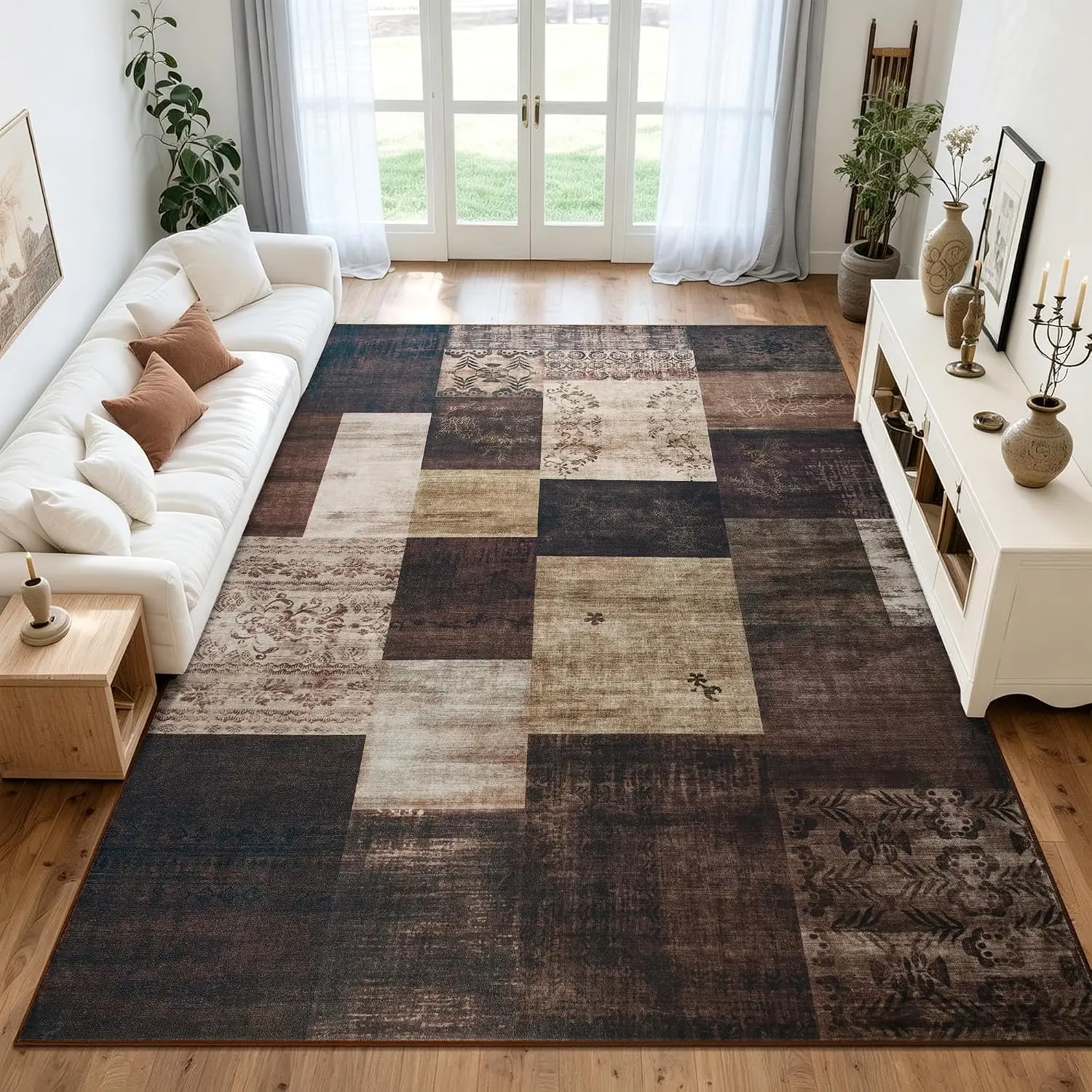 1pc 2D Flat Brown Patchwork Distressed Printed Floor Mat, Decorative Rug for Living Room, Bedroom, Home