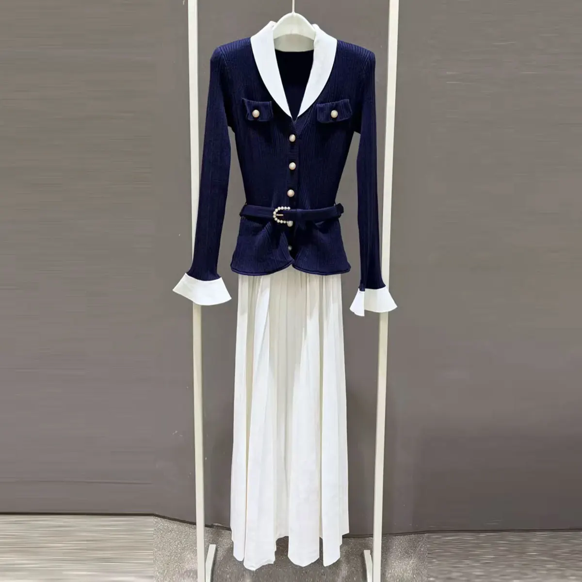 Women Faux Two Piece Dress Contrast White Lapel Pearl Buttons Belted Flare Cuff Knit Top Elegant Pleated Midi Dress