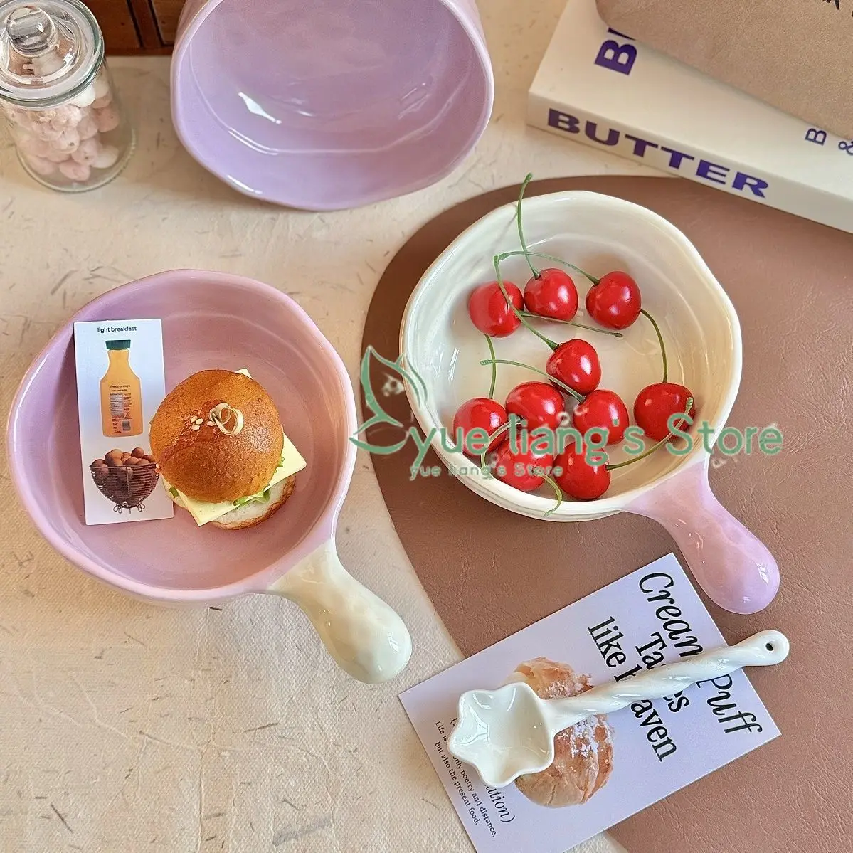 

Large Cream Style Tableware Korean Color Matching Ceramic Bowl with Handle Salad Bowl High-quality Instant Noodles Luosifen Bowl