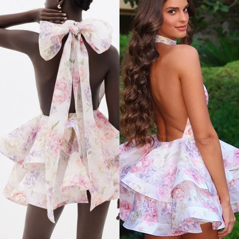 

Elegant Floral Print Slim Fit Floral Bud Skirt Dress Sexy V-neck Sleeveless Camisole Backless Short Skirt Fashion Vacation Dress