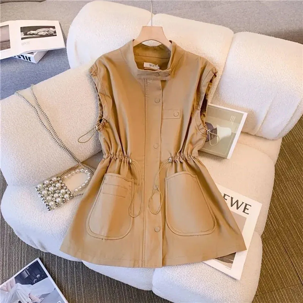 Casual Sleeveless Jacket For Women 2024 Spring Summer Golf Clothing Women\'s Drawstring Loose Tight Waist Vest Coat Fashion Tops