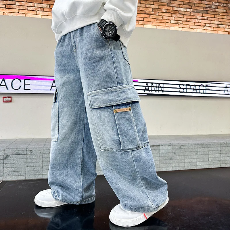 

Boys jeans Spring and autumn New Teenager Children Fried Street Handsome Straight Loose Wide-leg Pants Kids Cargo Denim Jeans
