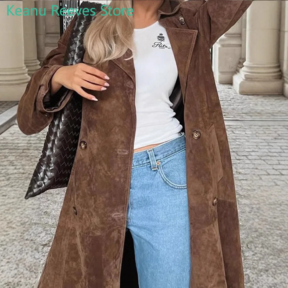 Fashion Brown Women Imitation Deer Fur Coat Chic Lapel Long Sleeve Double-breasted Windbreaker Autumn Lady High Street Outwear