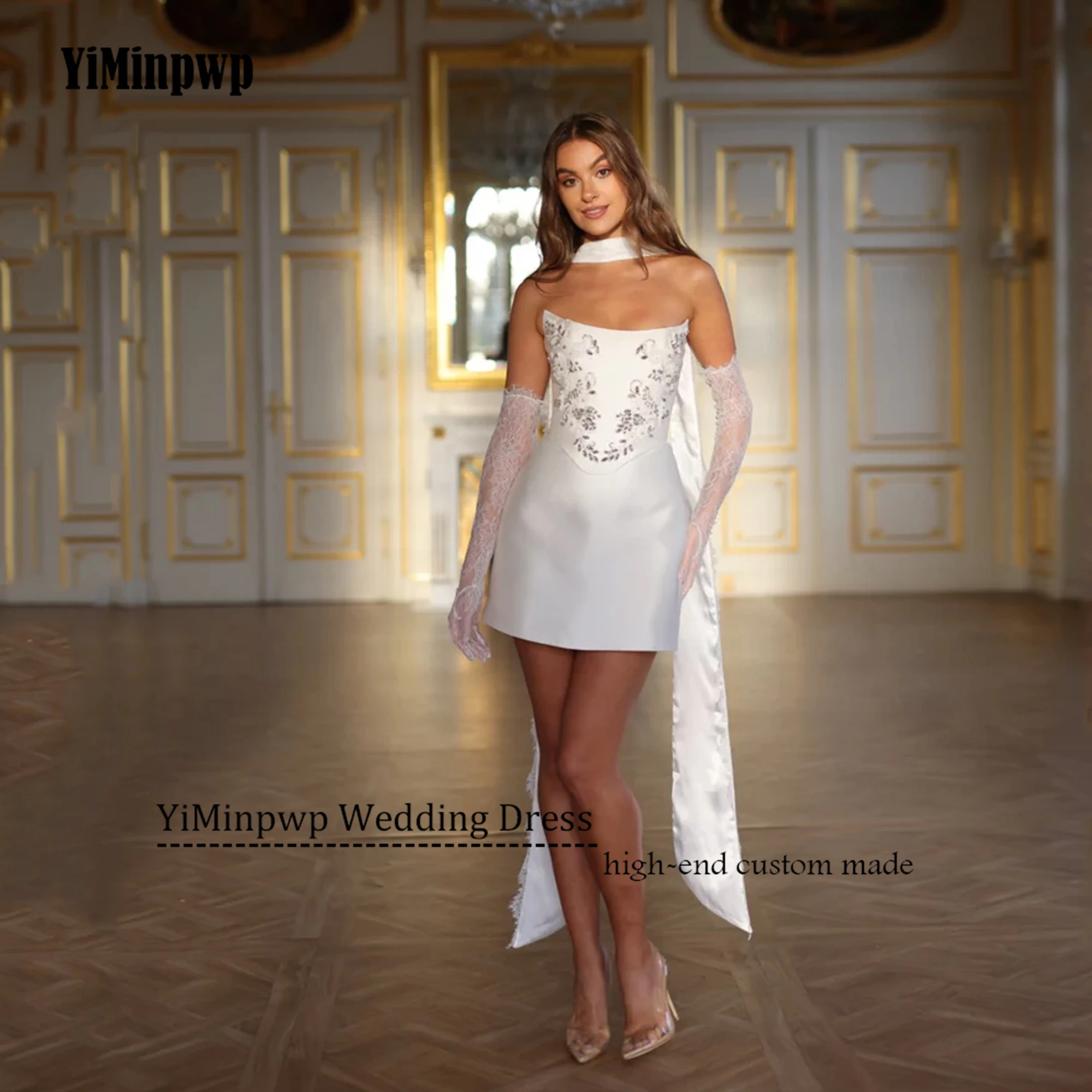 

Crystal Strapless Mini Wedding Dresses Women 2025 Sheath Sleeveless Above-Knee Satin Bridal Gown Vestidos De Novia Customized