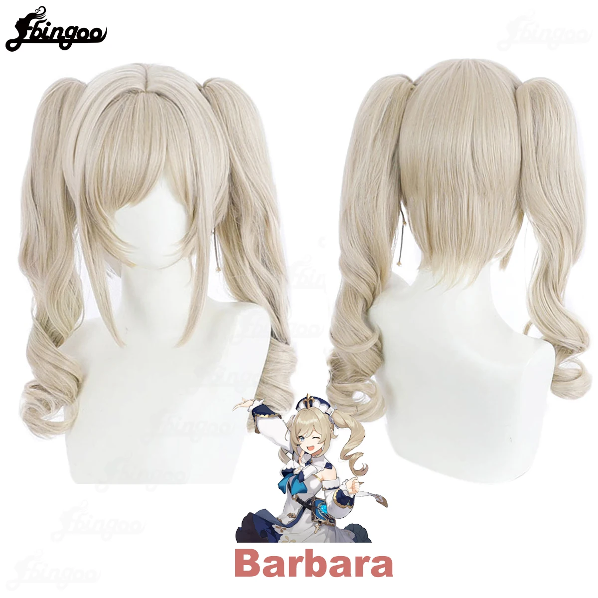 Ebingoo Synthetic Wig Genshin Impact Barbara Cosplay Wig Curly Yellow Ponytails Bunches Heat Resistant Fiber For Halloween Party