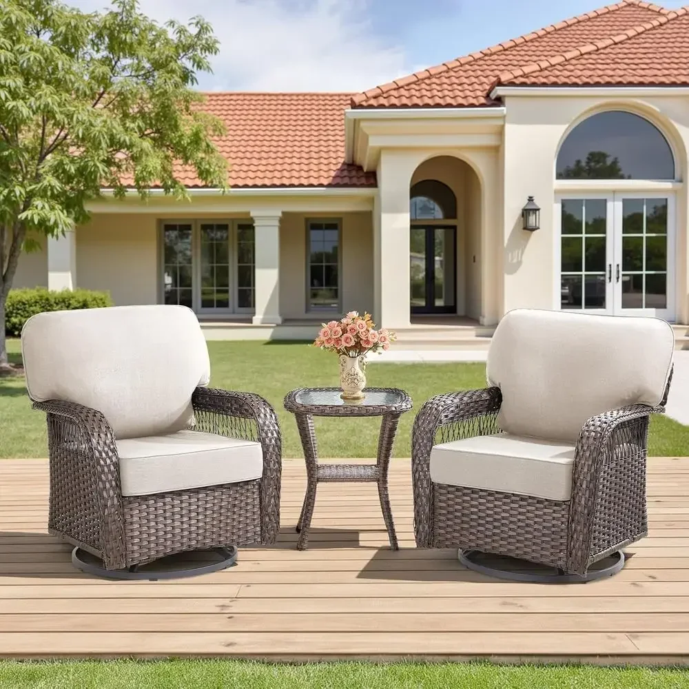 3-Piece Swivel Wicker Patio Furniture Set with Rattan Side Table for Outdoor Deck, Porch, Garden, Backyard - Beige