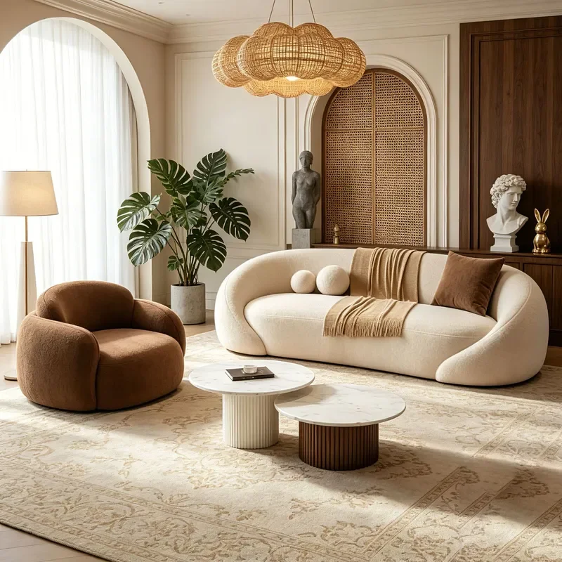 for Cream Wind Living Room Straight Row Sofa Design Chenille Beauty Salon Clothing Hotel Bed and Breakfast Rest Area