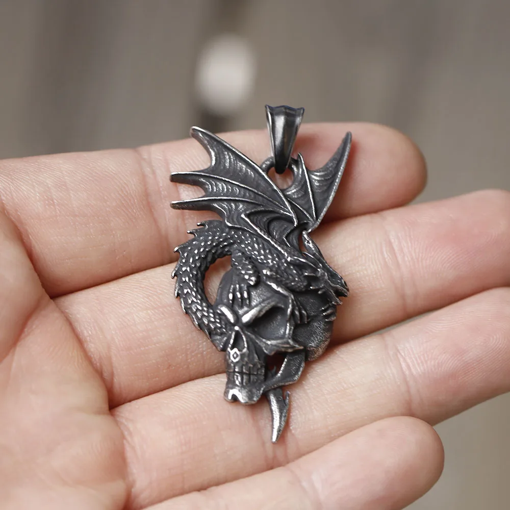 New 3D Dragon And Skull Pendant Necklace Metal Pearl Chain Jewelry Man Women Couple Gift Punk Rock Animal Accessories