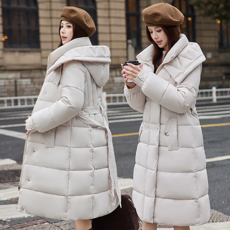 Women Parkas Coats Solid Hooded Jackets Zipper Pocket Waist Cinching Long Sleeves Longline Thick Office Lady Casual 2025 Winter