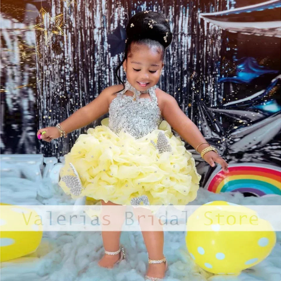 Sparkly Yellow Flower Girls Dress Beads Diamonds Beauty Pageant Cute Child Princess Dresses Custom Made Birthday Party Gown