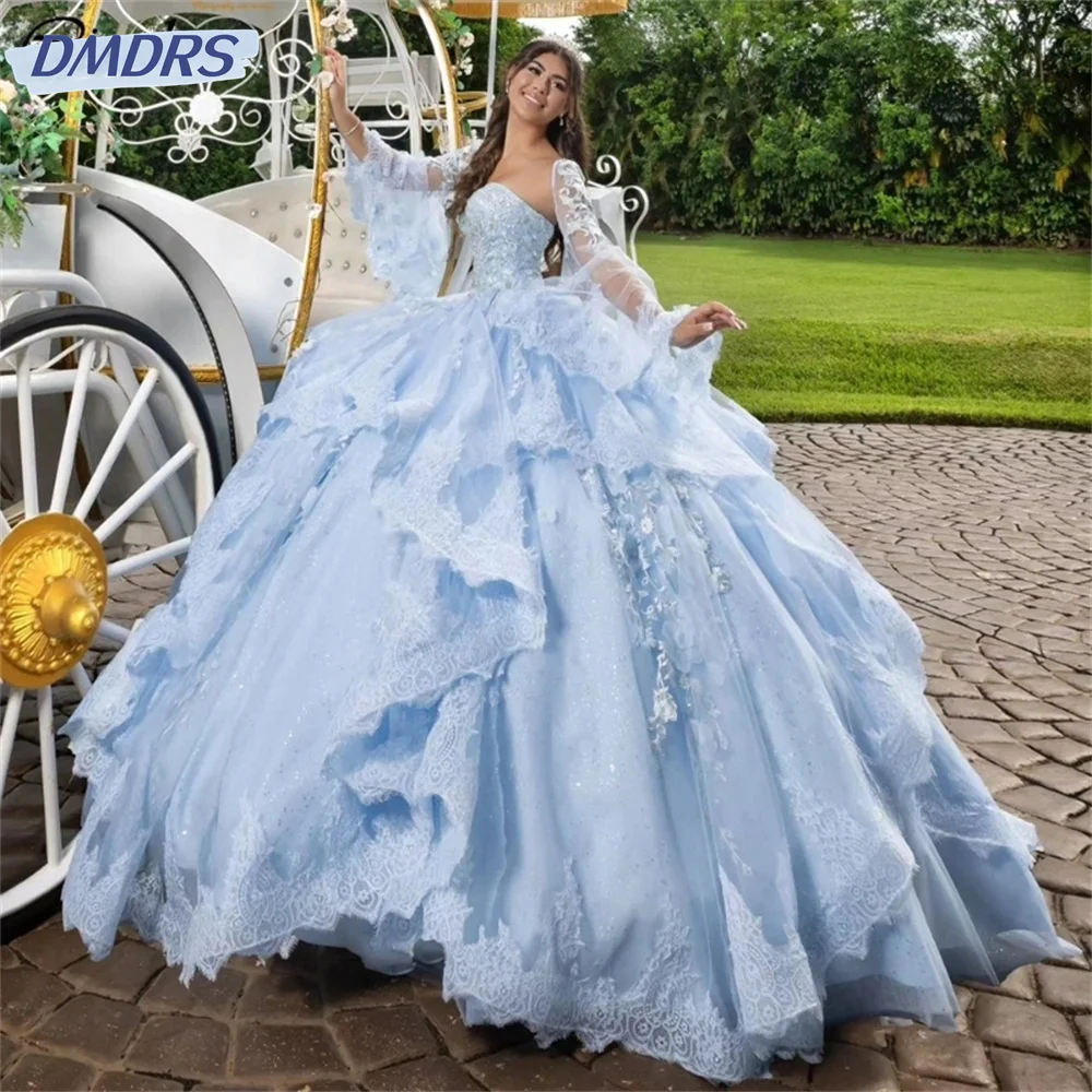 فستان كرة من الكشكشة باللون الأزرق الفاتح ، مزخرف ساحر على الكتف ، فساتين Quinceanera من الدانتيل ، الديكور ، 15