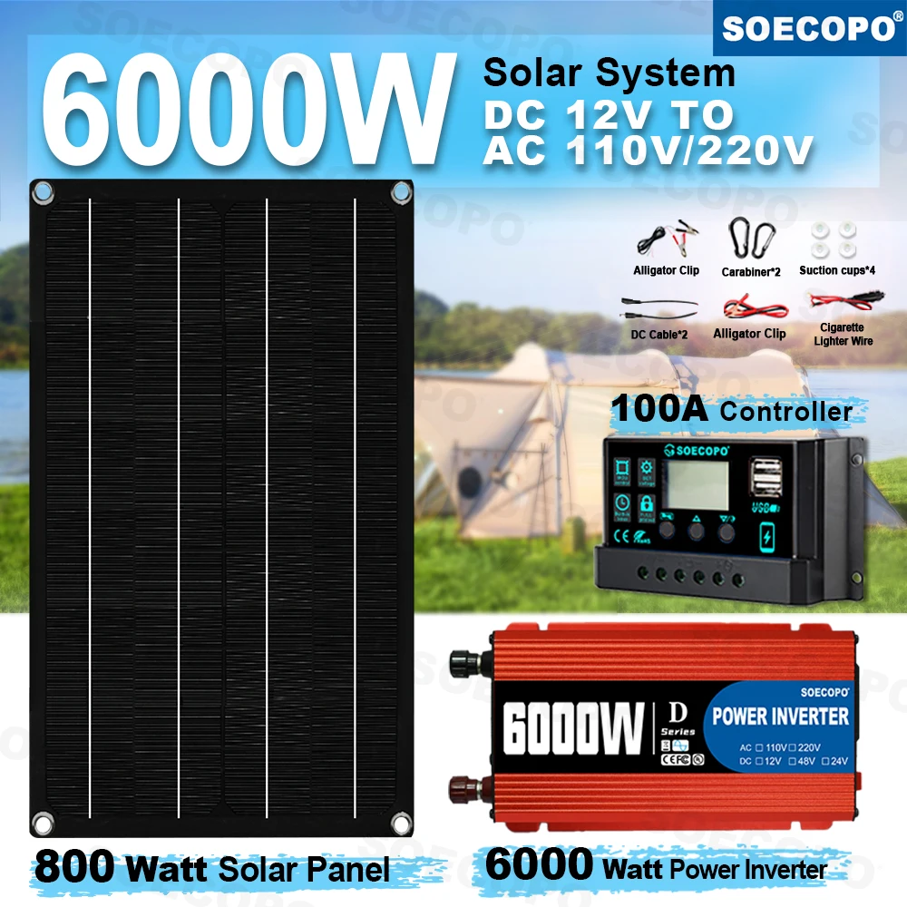 

6000W System Solar Complete Kit 12V To 110V/220V 100A Controller 800W Panel Off-Grid Inverter System for Home/Camping Backup
