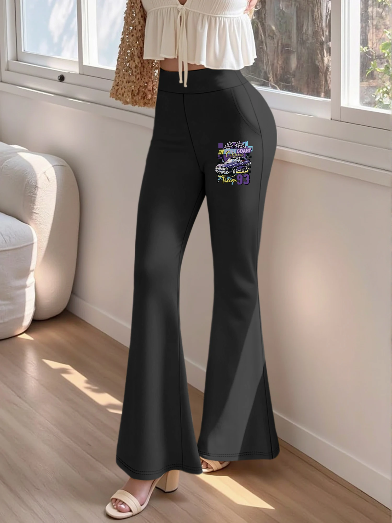 Women Retro West Coast Race Car Flag Team 93 Graphic High Waist Flared Pants Stretch Pocket Casual Bell Bottom Sweat Trousers