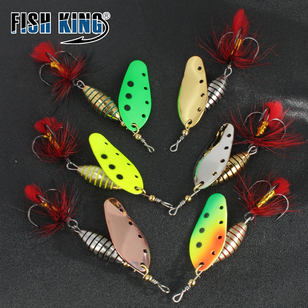 FISH KING 1PCS/2PCS Spinner Lure 6g/12g/16g Bait Metal Brass Spoon Hard Lure Feather Treble Hook Fake Lure Fishing Tackle Pesca