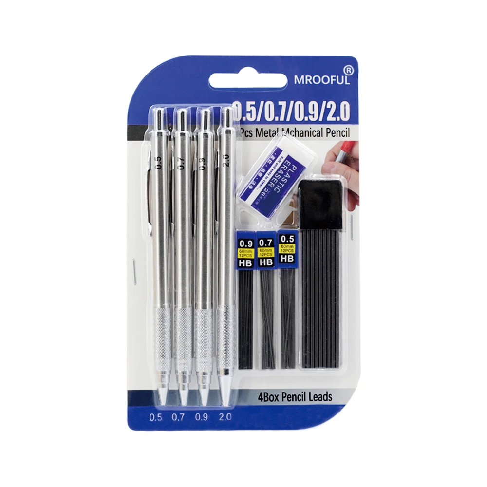 0.5/0.7/0.9/2.0mm Mechanisch Potlood Set Metalen Kunst Tekenen Schilderen Automatisch Potlood met 4 Doosjes Potloodstiften Kantoor School Benodigdheden