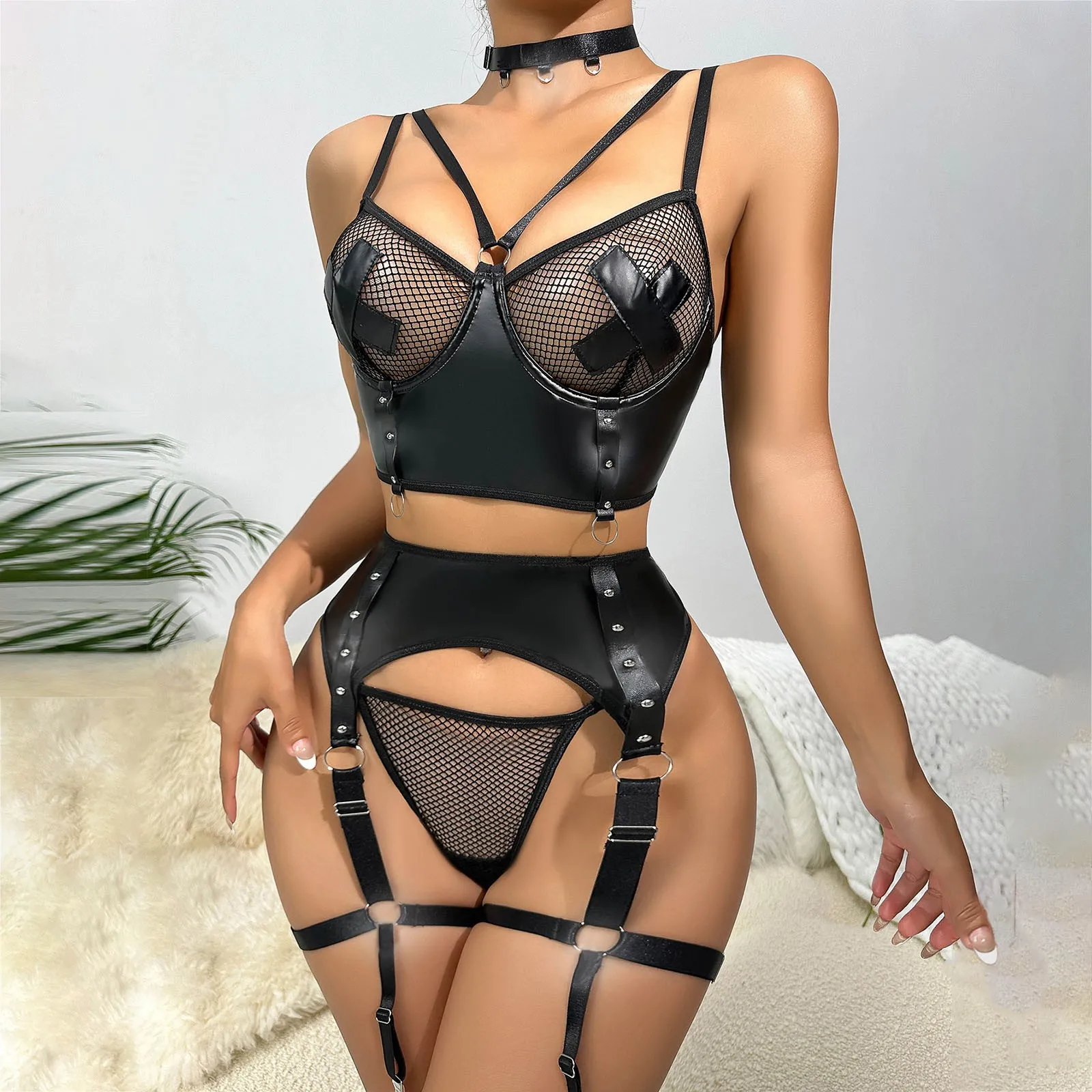 

New Style Erotic Lingerie Bra Set Sexy Mesh Women Bra Panty Garters See Through Underwear Sets Female Sexy Costumes Lingerie