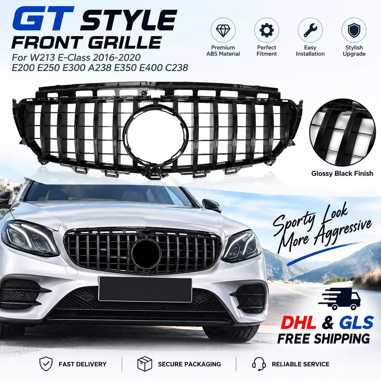 Griglia paraurti anteriore per Mercedes-Benz W213 Classe E 2016-2020 E200 E250 E300 A238 E350 E400 C238 Griglia sportiva anteriore stile GT per cofano auto