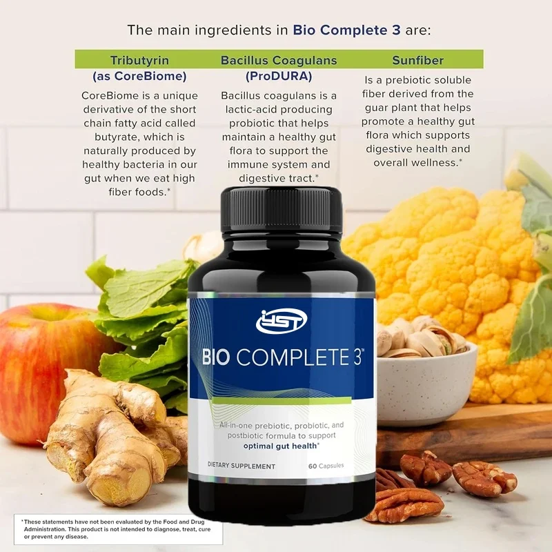 Bio completo 3 probiotici, supporto per la salute intestinale, 60 capsule contenenti Tributyrin coagulante Bacillus Sunsiber