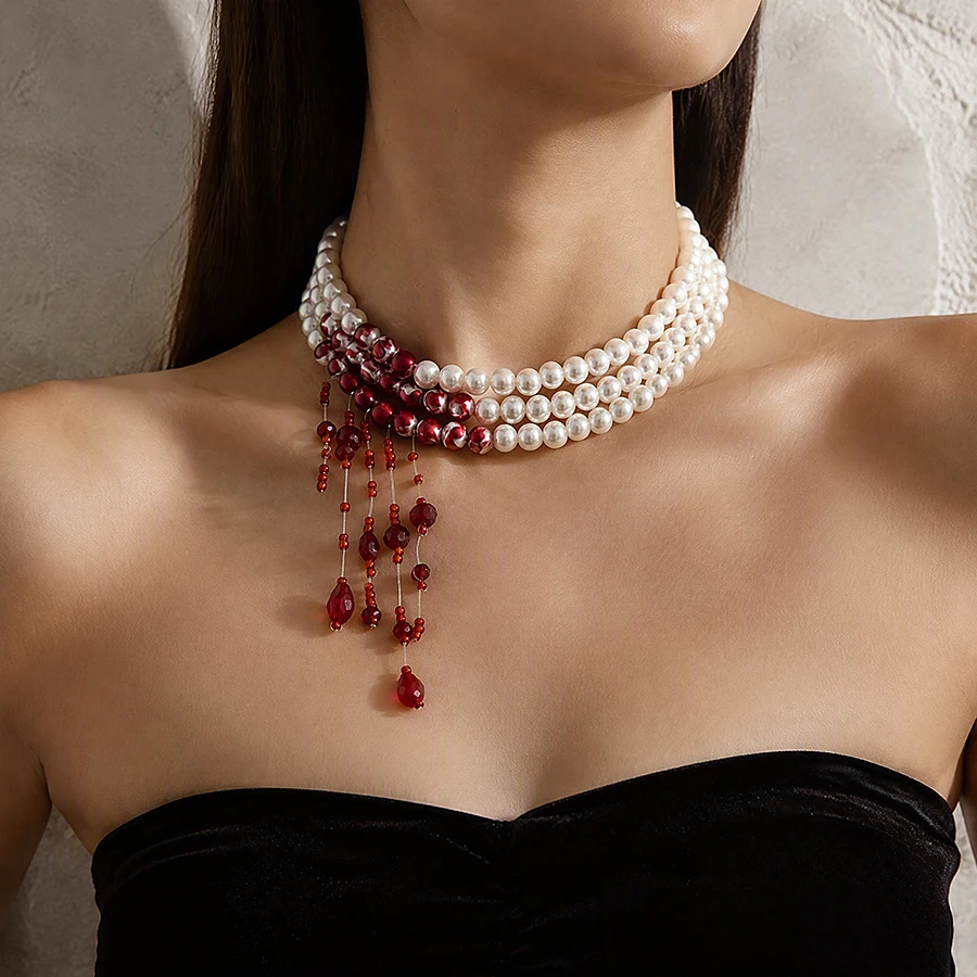 Gotische Imitationsperlen-Anhänger-Halskette mit roten Blutkristallperlen und Quaste, Choker für Halloween-Party, Schmuck für Frauen