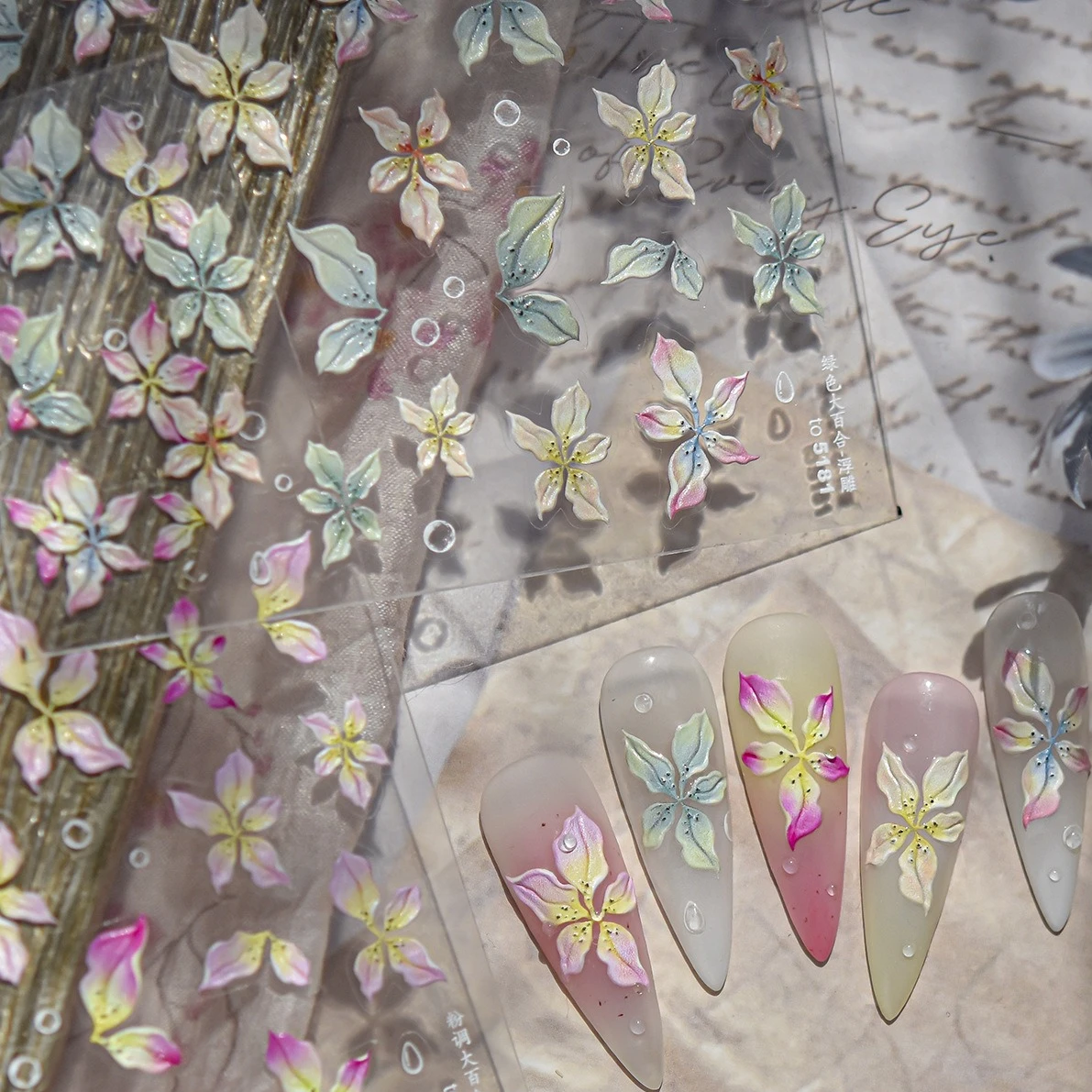 Kleurrijke Frangipani Heldere Lelie Bloemen Geleidelijke Bloemblaadje Levendige Dauw Delicate Romantische Nail Art Stickers Manicure Decals Decoraties