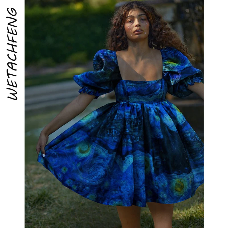 Vestidos de verano para mujer, vestido de princesa francés con estampado de girasoles y volantes, Espalda descubierta, vestido de baile con manga acampanada, Mini vestido romántico de fiesta