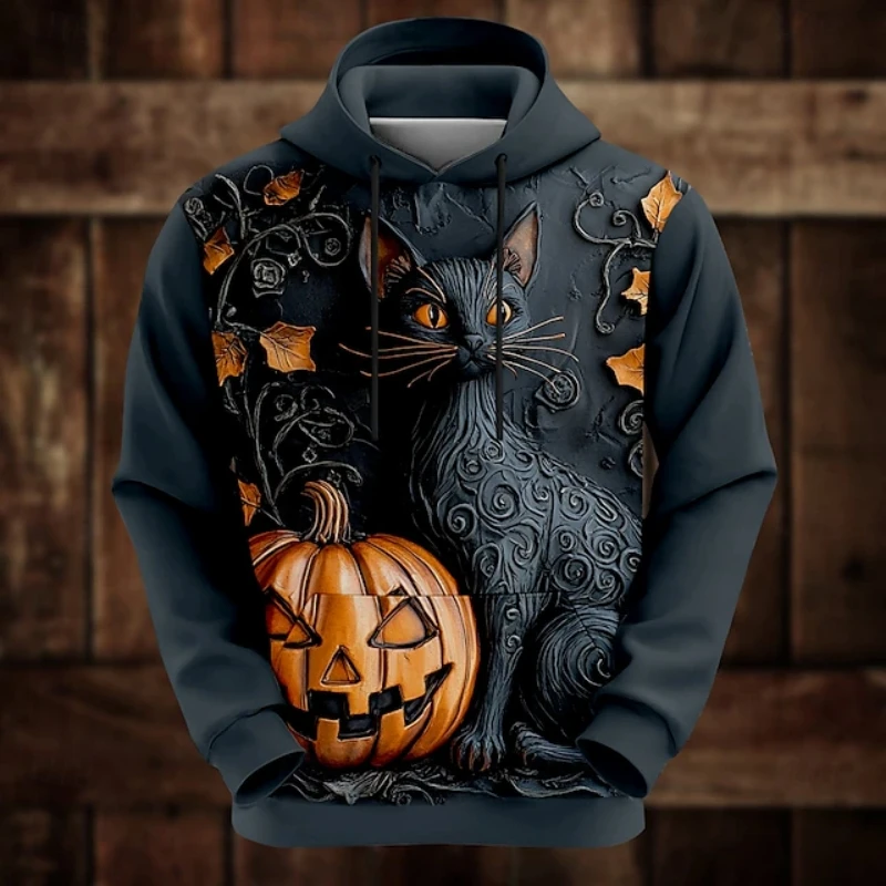 

Halloween Sweatshirt For Men 3d Pumpkin And Cat Graphic Print Top Long Sleeve Loose Hoodie Oversized Men's Clothing Pullover Tee