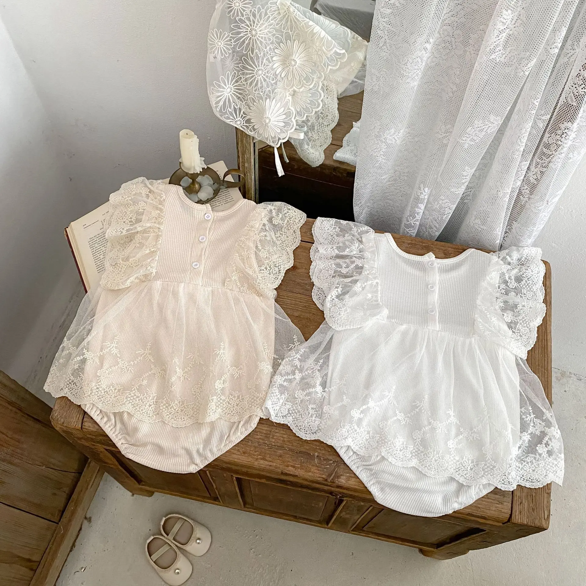 2026 Summer New Baby Girl Short Sleeve Lace Bodysuit Cotton Newborn Infant Cute Sweet Princess Jumpsuit Toddler Clothes 0-24M