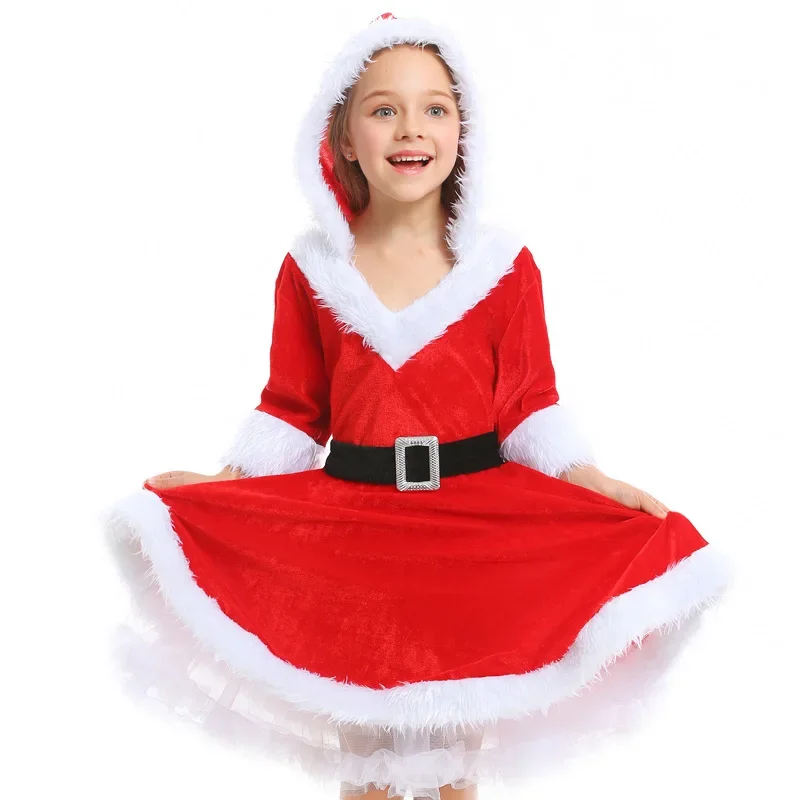 

Enfant Christmas Dress New Year Red Fluffy Dresses Enfants Santa Cosplay Xmas Costume Holiday Party Performace Outfits