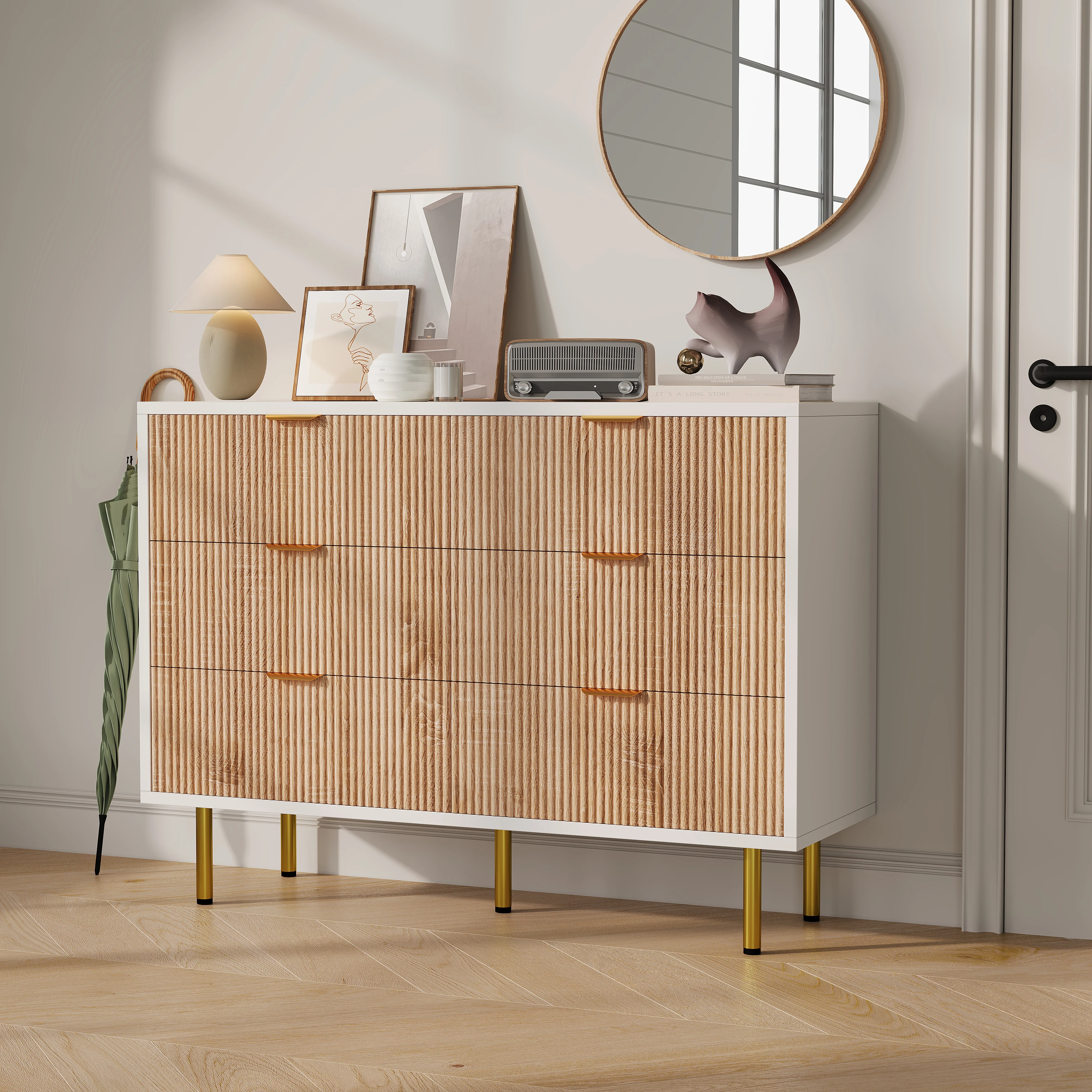 Comanlai Kommode, Holzfarbene Gerippte Paneele, mit Metallgriffen & -Beinen, Aufbewahrungsschrank, Sideboard, für Wohnzimmer, Flur