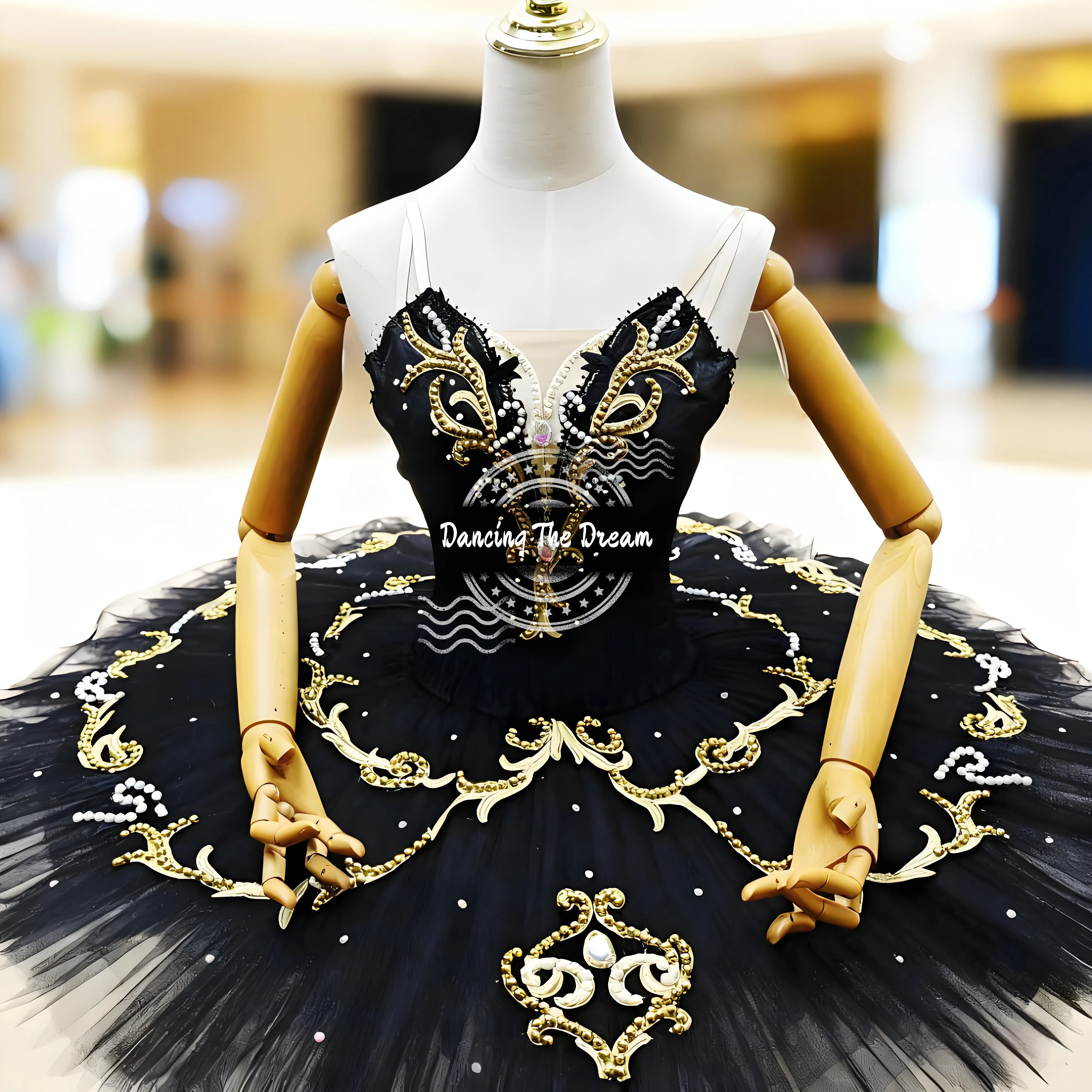 Schwarzgold besticktes Ballett-Tutu-Kleid für Damen und Mädchen, Tanz-Performance-Kostüm