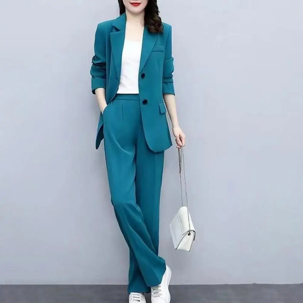 Women Formal Two-piece Set Breathable Two-piece Set Formal Business Style Women's Coat Pants Suit Set with Lapel Button for Work