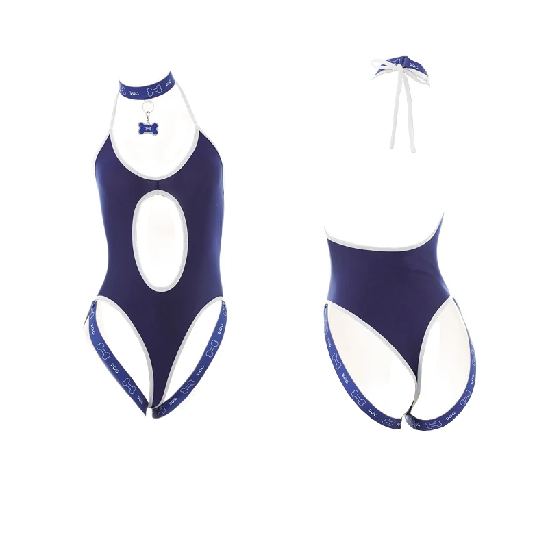 

Новый сексуальный и очаровательный синий боди с вырезом халтер и комплектом белья с чокером для женщин