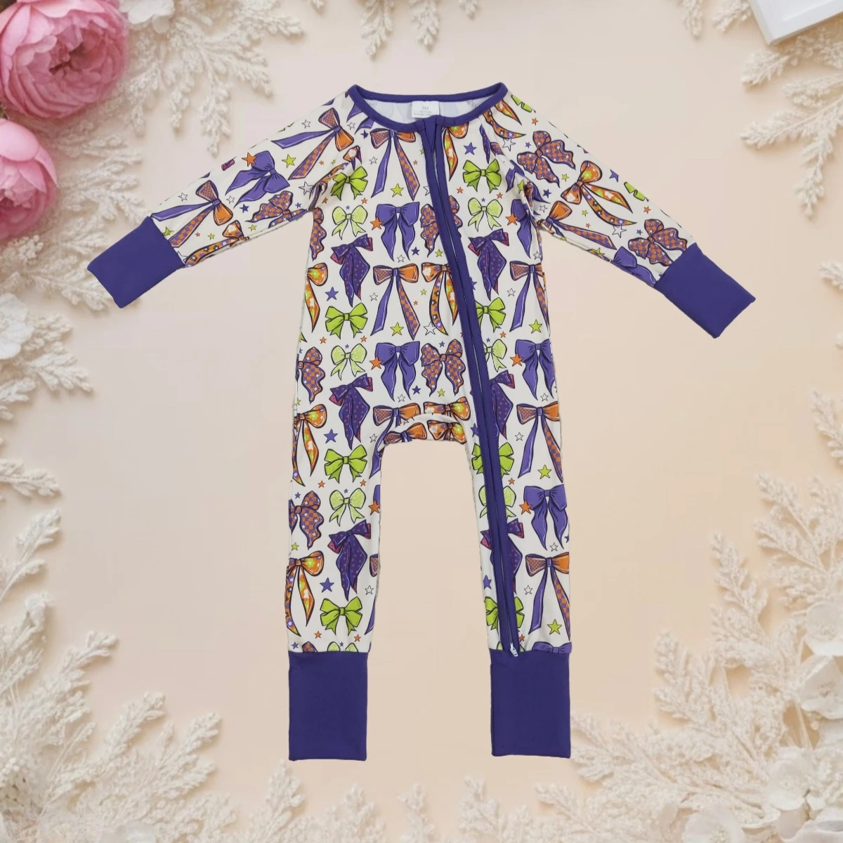 

Newborn Baby Infant Girl Cozy Long Sleeve Footies Zipper Sleepers Rompers Bodysuit Purple Green Bows Toddler Children Clothing