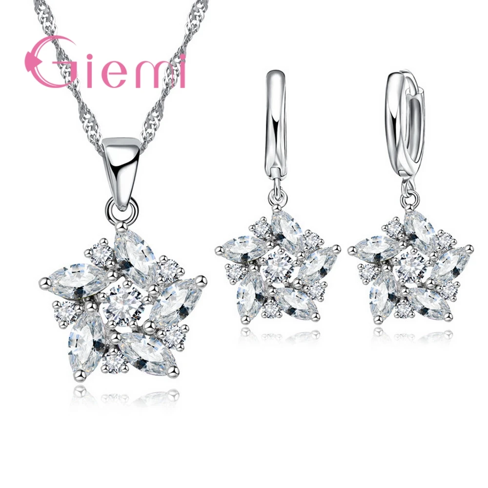 925 Sterling Silver Pendant Necklace Earrings Set Romantic Ethnic Style Windmill Shape Colorful/White Crystal Jewelry Sets