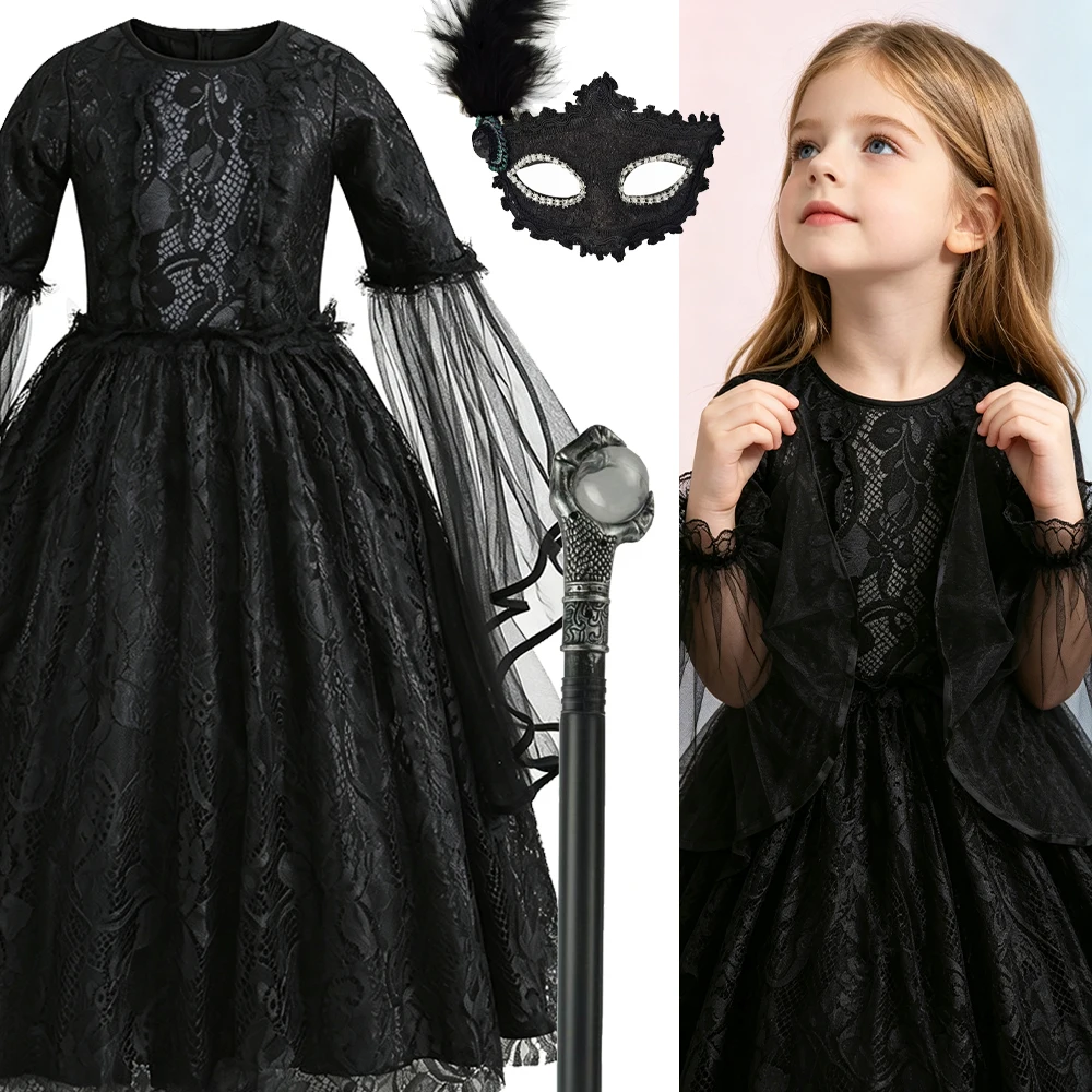 Halloween Witch Costume for Girls Black Tulle Cosplay Dress Kids Fantasy Carnival Party Disguise Dress Up Outfit