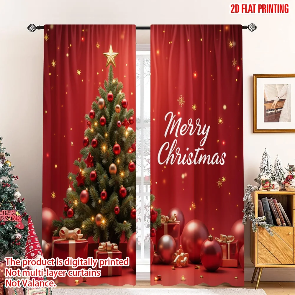 

2pcs 2D flat printing Merry Christmas Curtain Merry Christmas Tree Balloons Gifts_a 100% Polyester Without Electricity 0 for