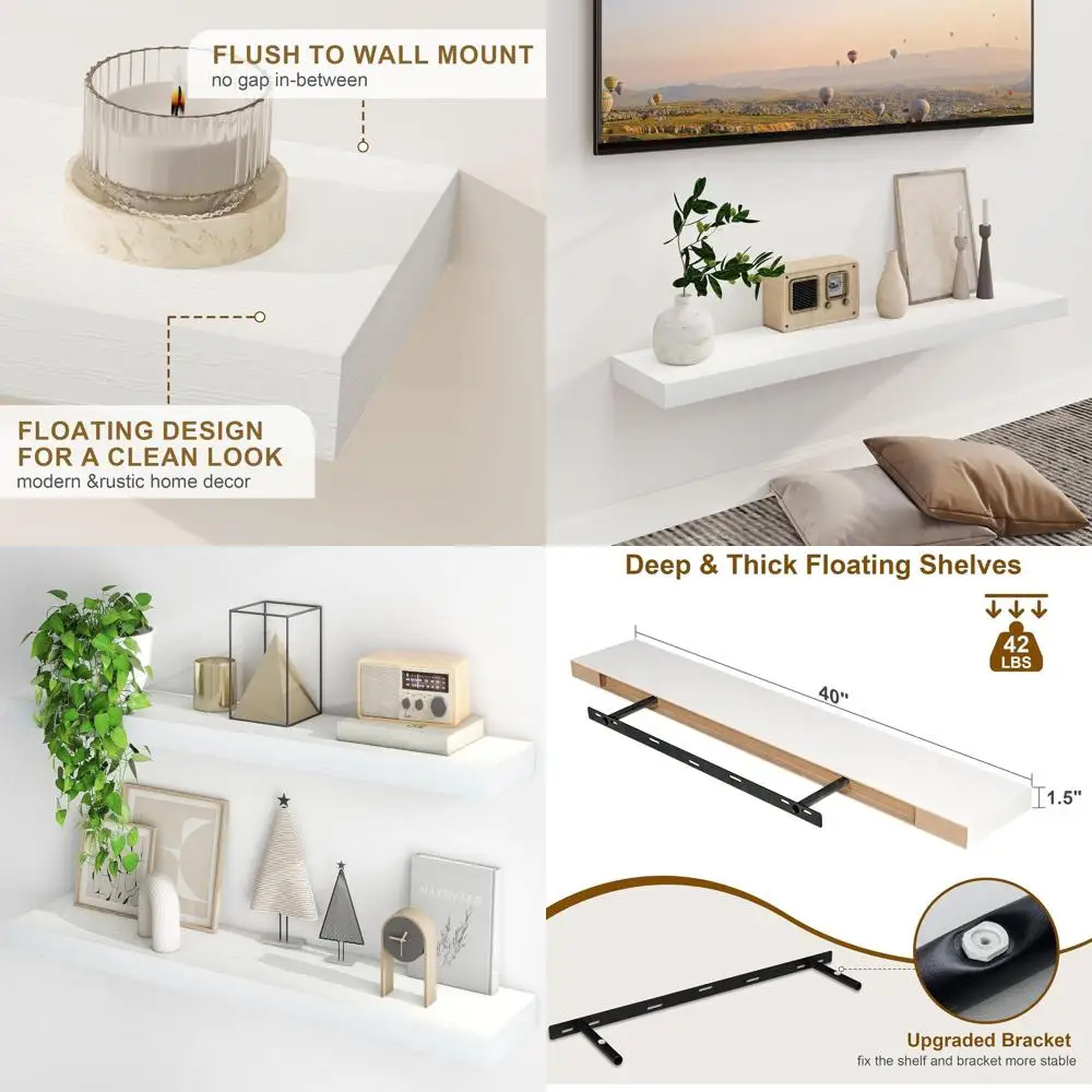 

Set of 2, 40 White Wooden Floating Shelves with Hidden Brackets for Home Decor