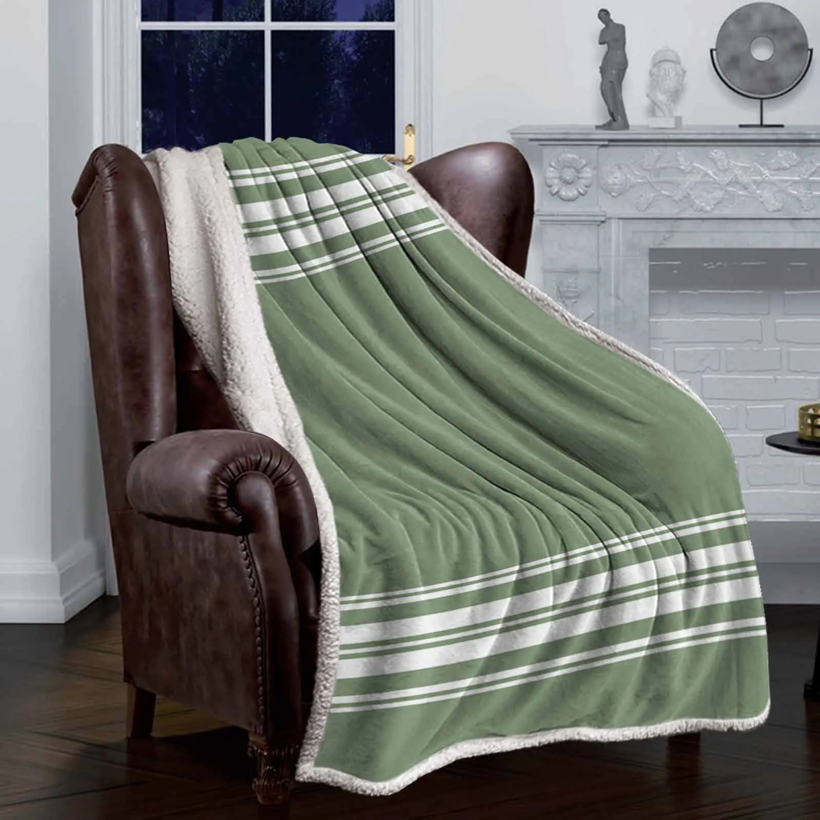 

Striped SageGreen DeepGreenstyle double-layer thick winter blanket,soft and warm sheep wool crystal wool blanket,plush bed sheet