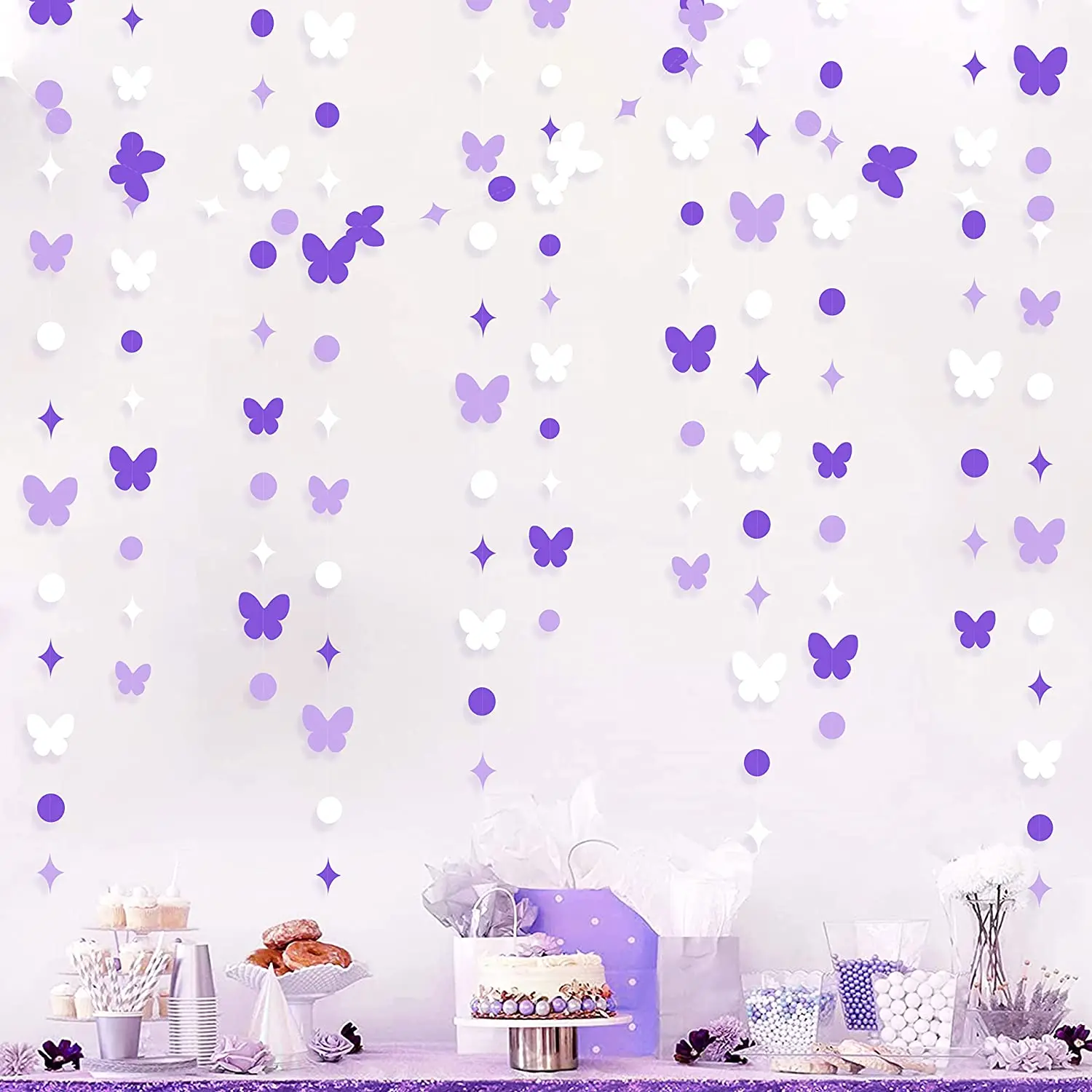 

Lavender Birthday Butterfly Garland Decoration Purple White Hanging Circle Polka Dot Star Butterflies Streamer for Bridal Shower