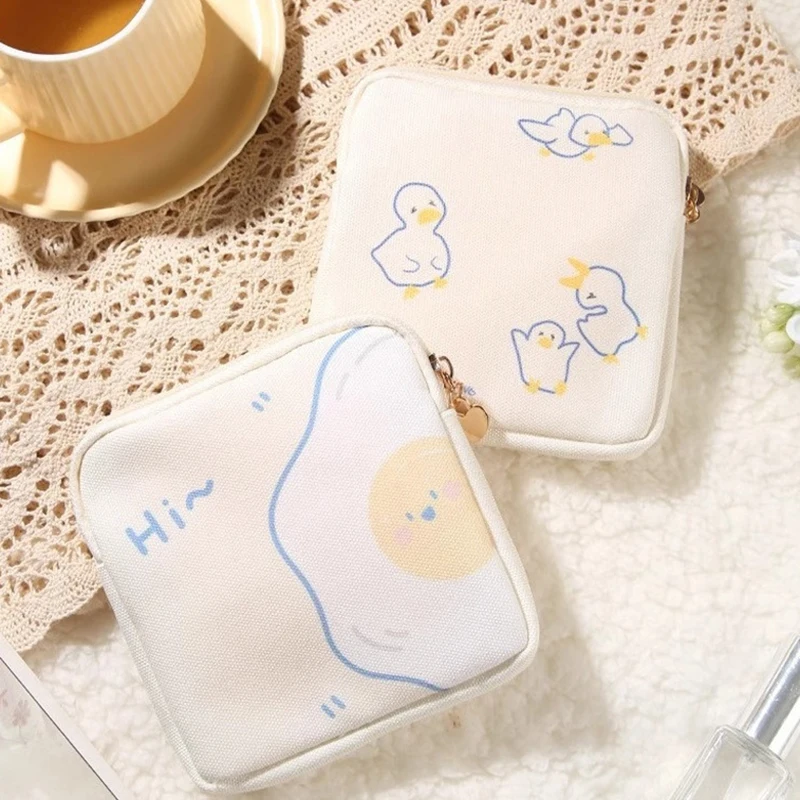 Kawaii Cartoon Duck Printed Women Tampon Sanitary Napkin Storage Bag Mini Cosmetics Coin Purse Bag Gift