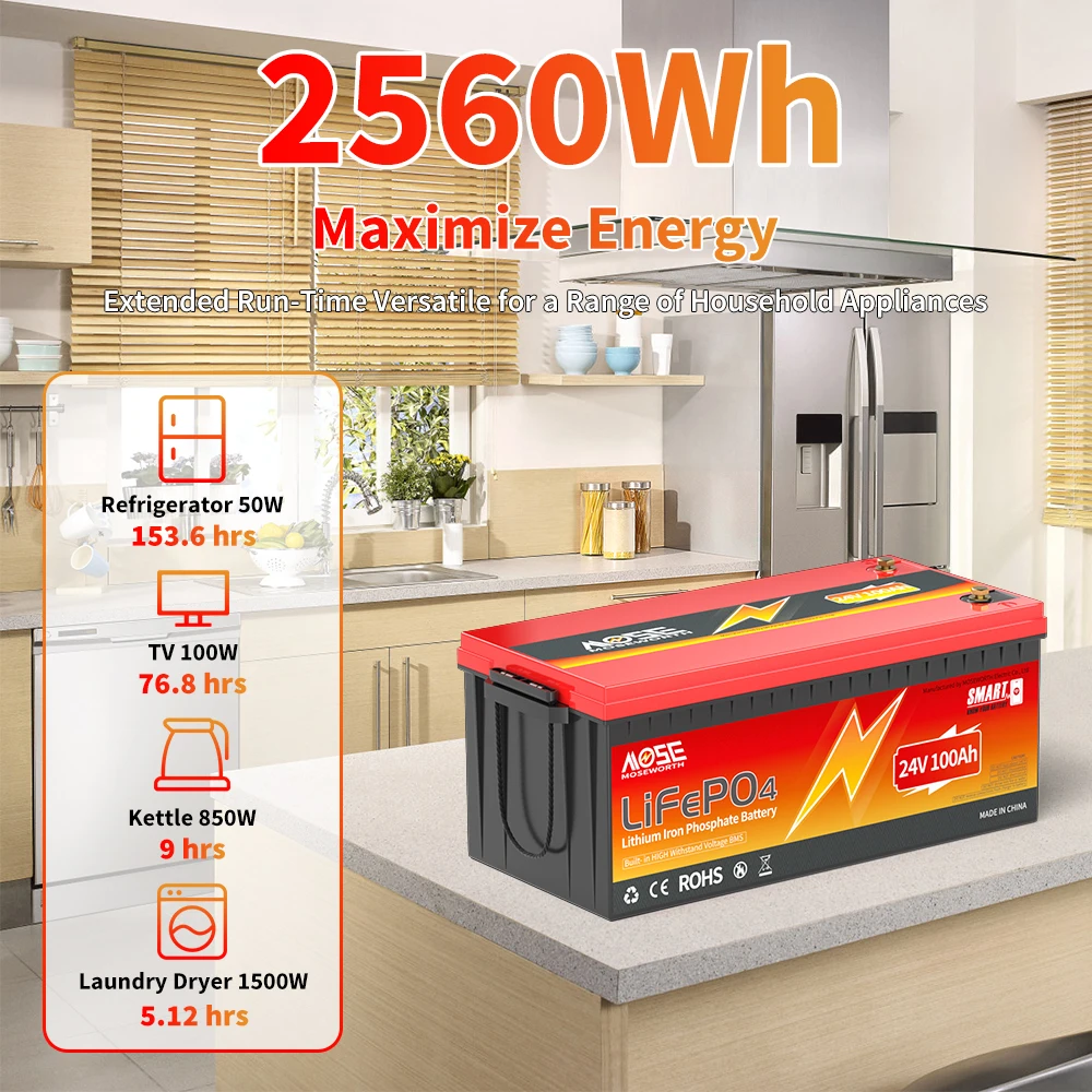 MOSEWORTH 24V 100Ah LiFePO4-Akku Lithium-Eisenphosphat-Batterien Eingebautes Bluetooth BMS 8000+ Zyklen für Solarboote – Detail 1