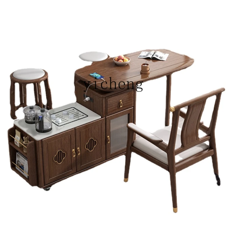 

Zc New Chinese Style Solid Wood Tea Table Tea Cart Walnut Living Room Sofa Side Cabinet Movable Tea Table