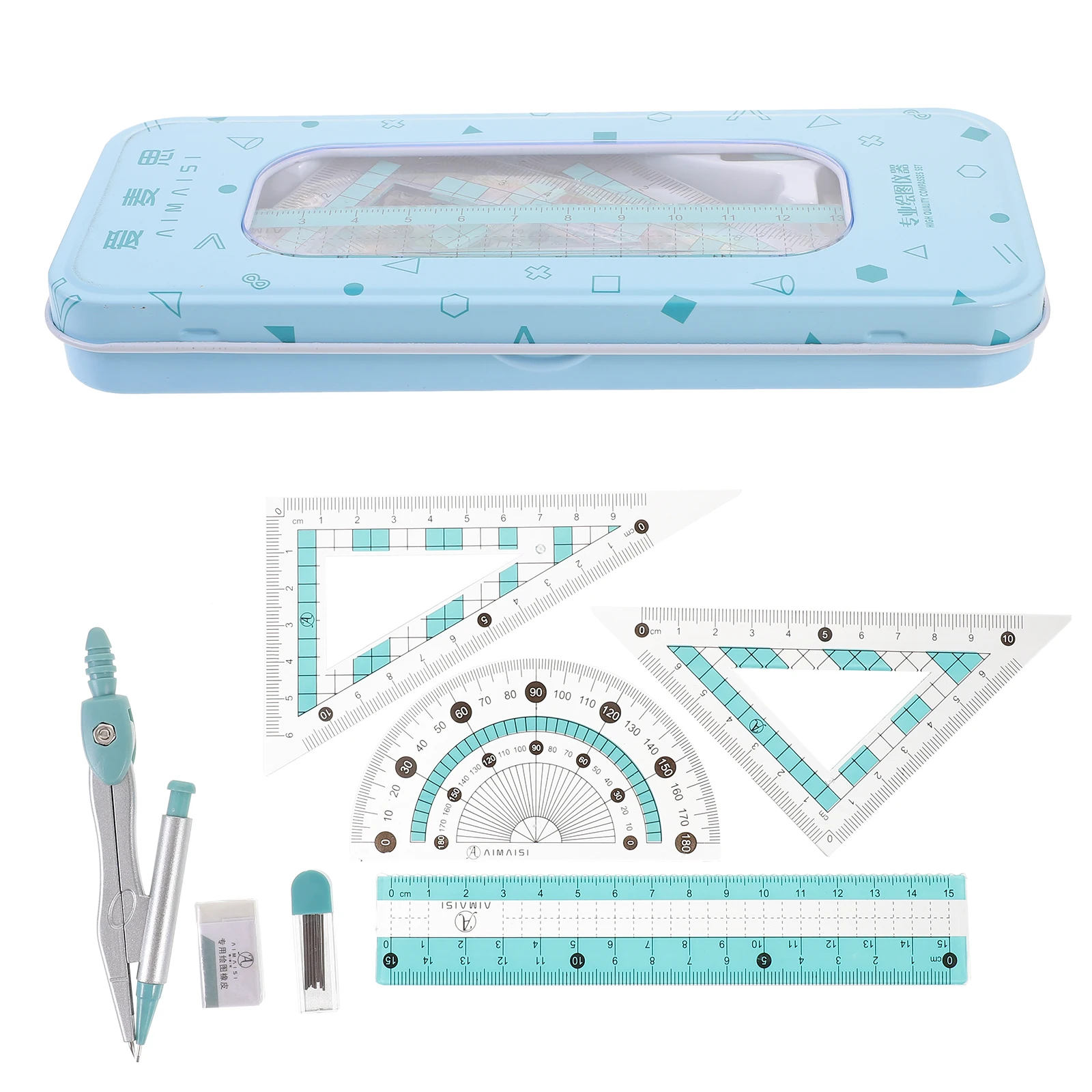 1 set Geometry Set Transparent Ruler Kit Large Compass Protractor Kids Drawing Stationery Blue Color Student School Supplies