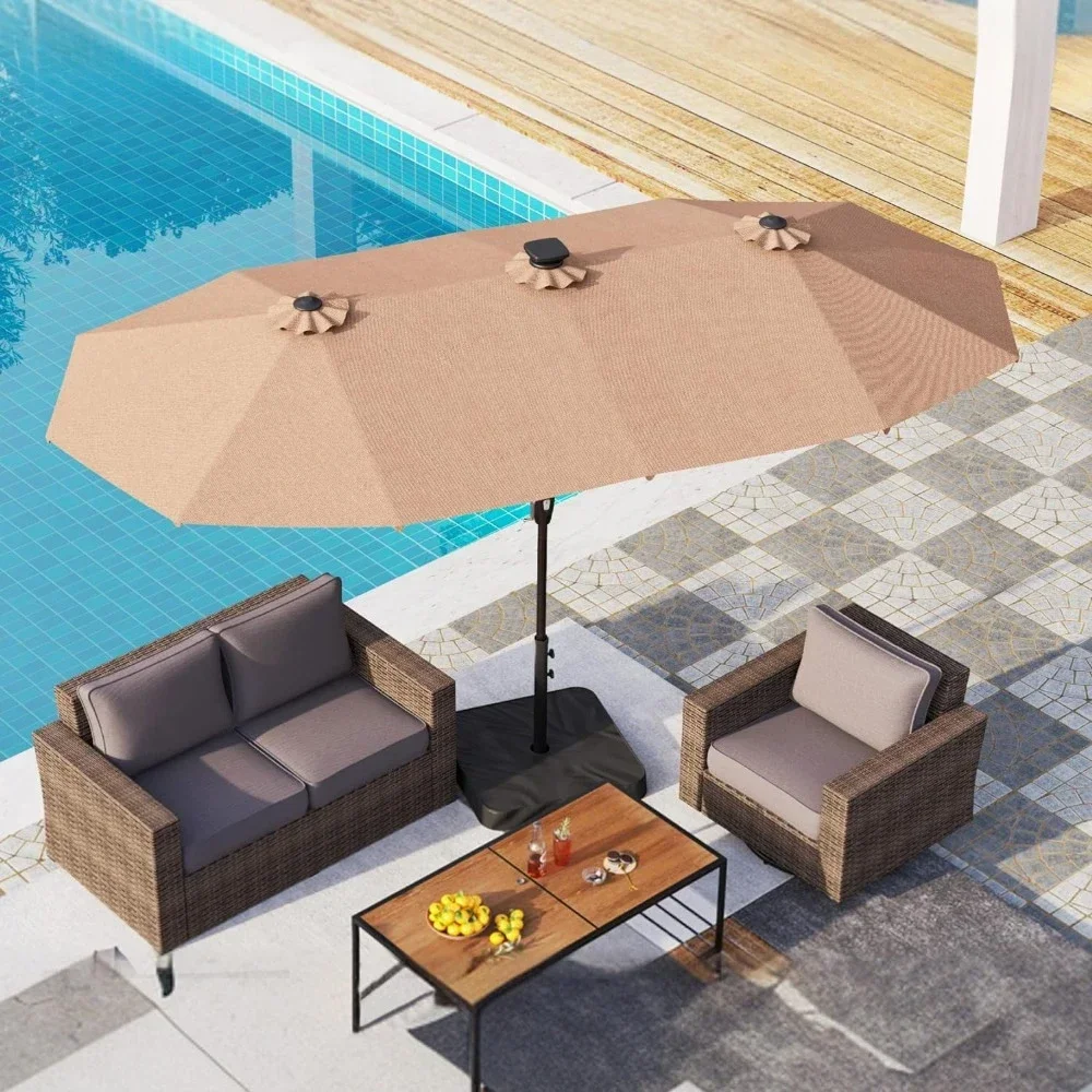 Patio Umbrella with Solar Lights, Double-Sided Outdoor Market Rectangle Umbrella with 120 PCS LED Lights, Beige