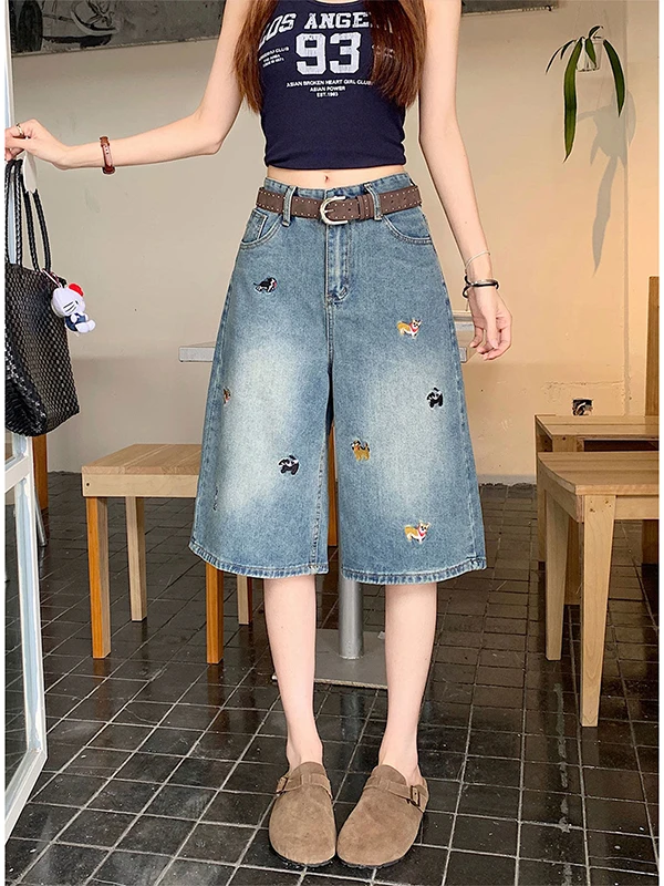 American High Street Washed Embroidered Jeans Women's Summer Small Size High Waist Loose Straight Mid-Length Pants