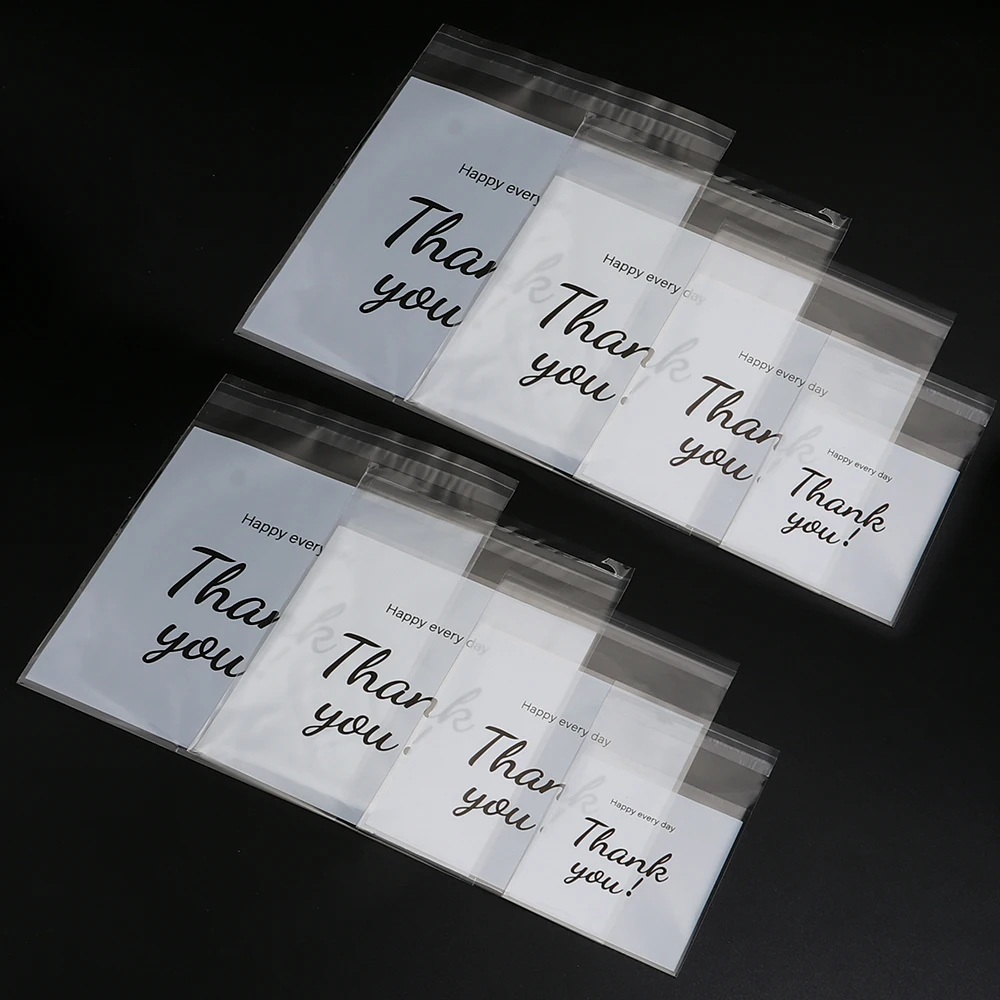 100/200 قطعة شكرا لك أكياس للهدايا الحلوى كوكي التعبئة والتغليف البلاستيك الحقيبة ذاتية اللصق لحفل الزفاف عيد ميلاد تفضل حقيبة التخزين الصغيرة