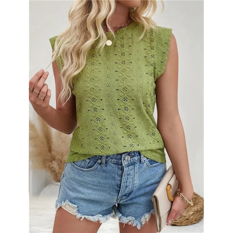 CYL-المرأة الصيف بلايز عادية Crewneck كاب كم قمصان خفيفة الوزن الكروشيه متماسكة الملمس تانك القمم البلوزات