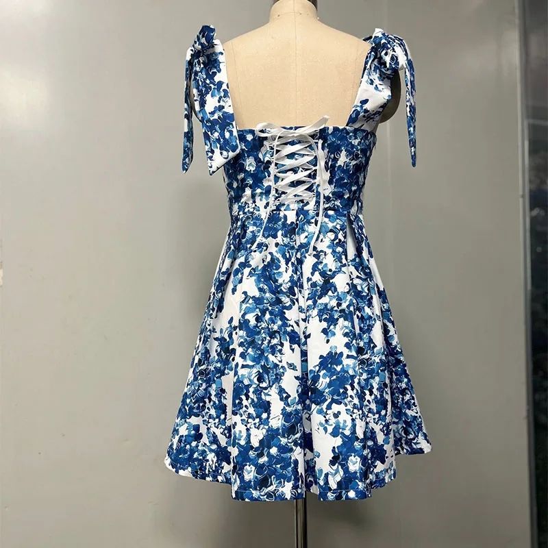 Casual boho feminino verão floral impressão mini vestido sexy arco sem costas sem mangas praia vestido de verão elegante noite vestidos de baile