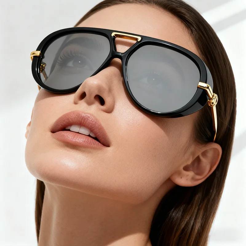 موضة فاسق كبير الطيار النظارات الشمسية الجديدة النساء الفاخرة 2025 المتضخم جسر مزدوج جوفاء أسود أصفر نظارات السيدات المعادن الإناث #3