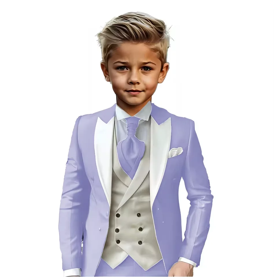 Lavendelfarbenes 3-teiliges Anzugjacken-Weste-Hosen-elegantes Slim-Fit-Set für Jungen, individueller Kinder-Smoking für Hochzeit, Pageboy, Abschlussball, Ostern, Familienparty